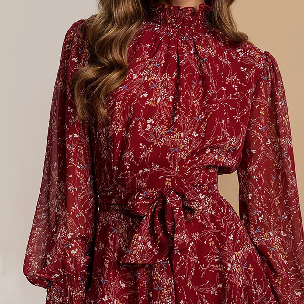 2026 New Spring Women's Clothing Cross-Border European And American Dresses Casual Floral Long-Sleeve Tie-Waist Ruffle_ecoleips.com