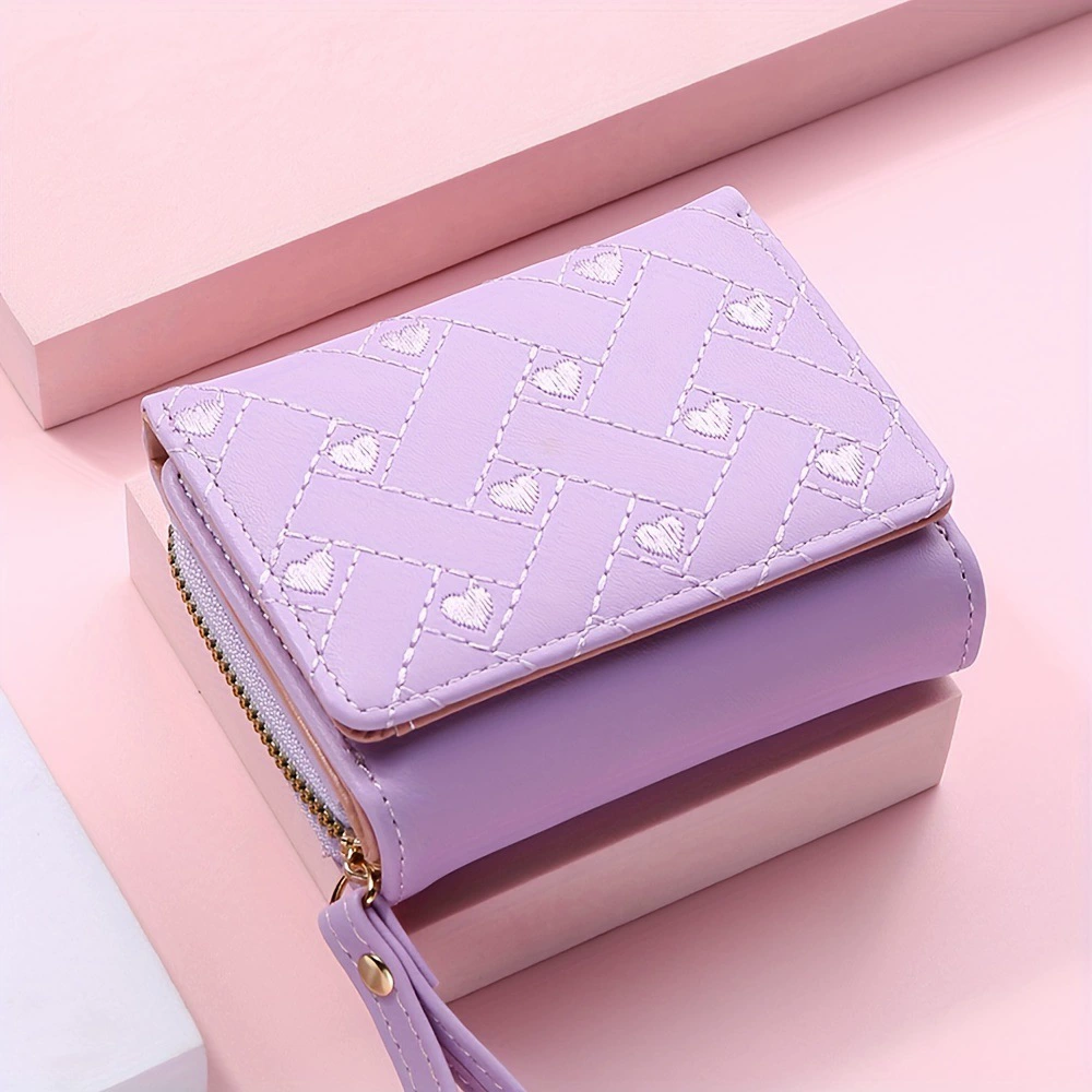 Women's Trifold Wallet, Embroidered Love Pattern, Compact Wristlet, Multi-Card 13.3×9.2×5.8 cm