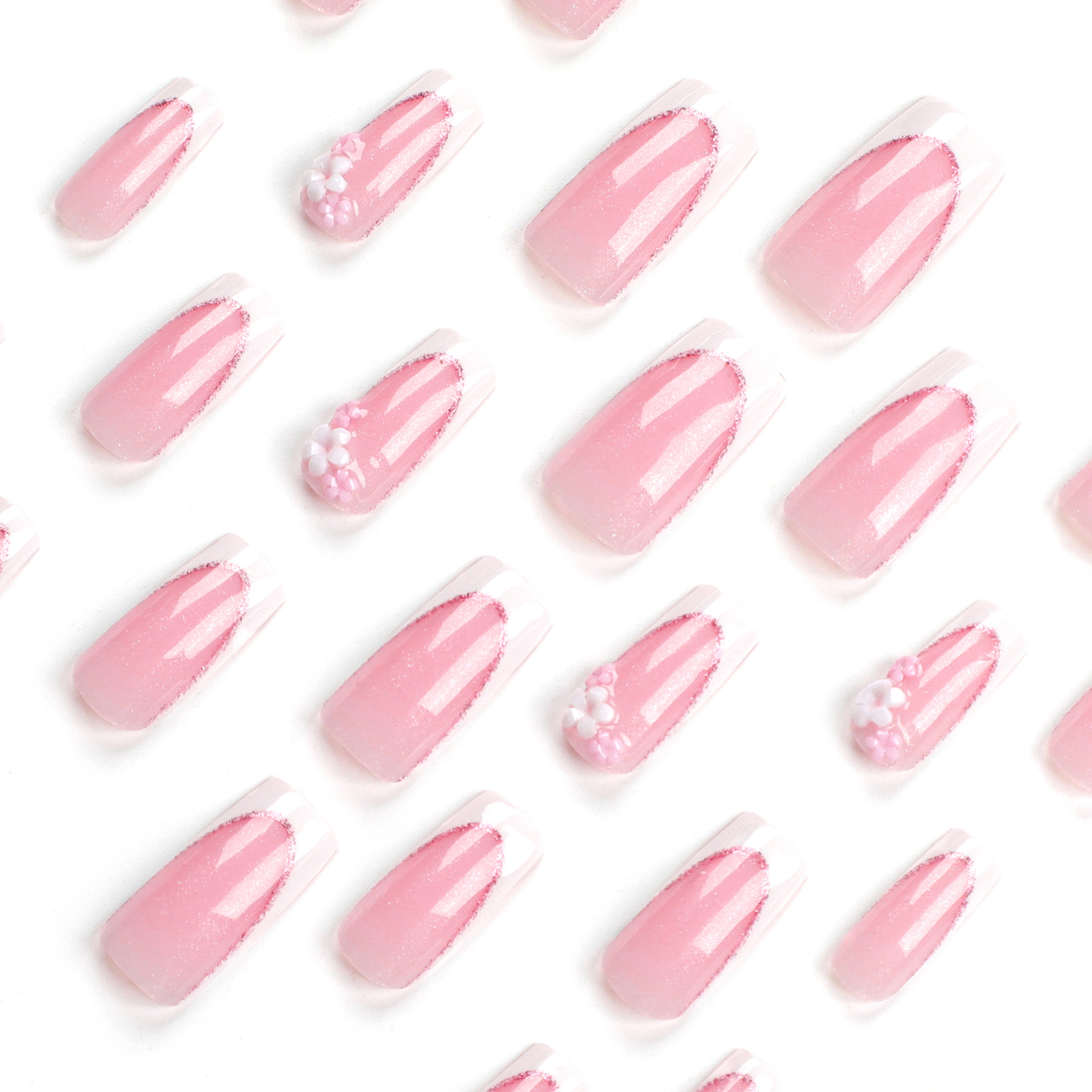 Falsche Nägel Mit Blumen-Druck – Rosa, Glänzend, French Look – 24 Stück + Kleber – Volle Abdeckung Acrylnägel