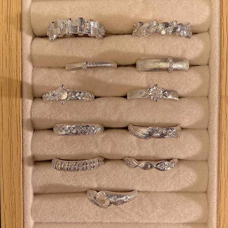 中古風高級質感閃鑽復古拉絲細寬版戒指女輕奢小眾設計感指環配飾