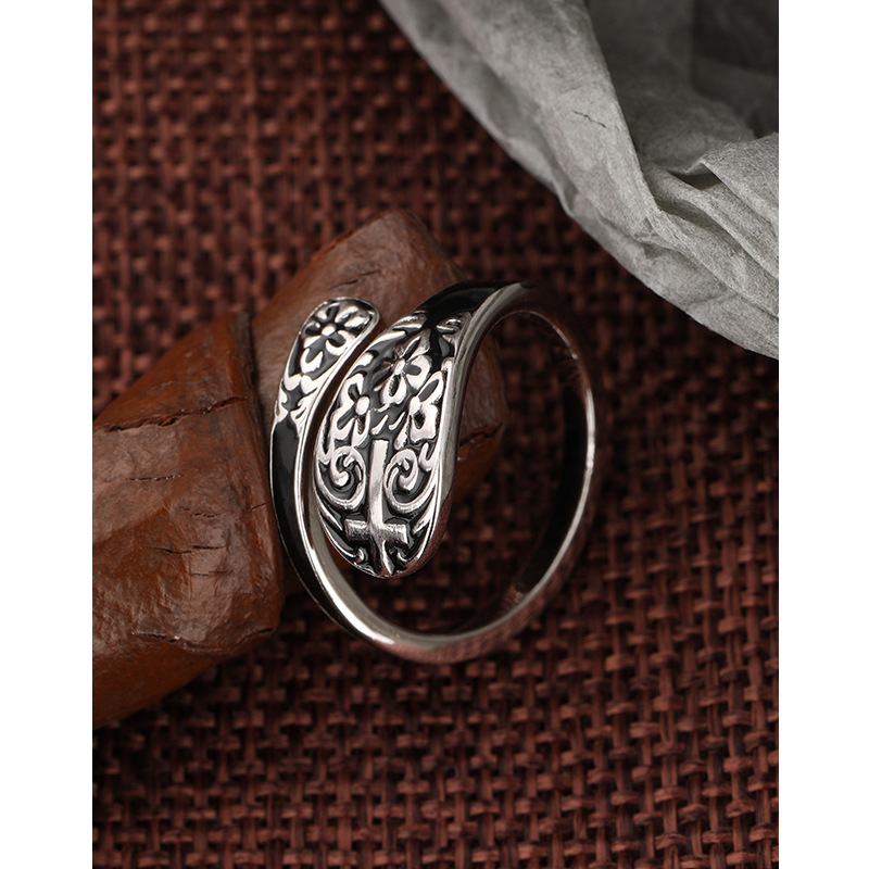 Cruz-Frontera de goteo de aceite caliente anillo de plata esterlina 925 personalidad anillo de viento oscuro hombres nicho índice dedo anillo