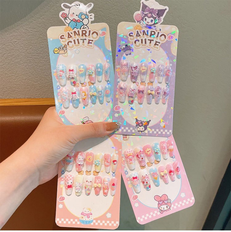 Koolomi niños largos desmontables desgaste de uñas de niñas dibujos animados uñas pequeñas princesas uñas