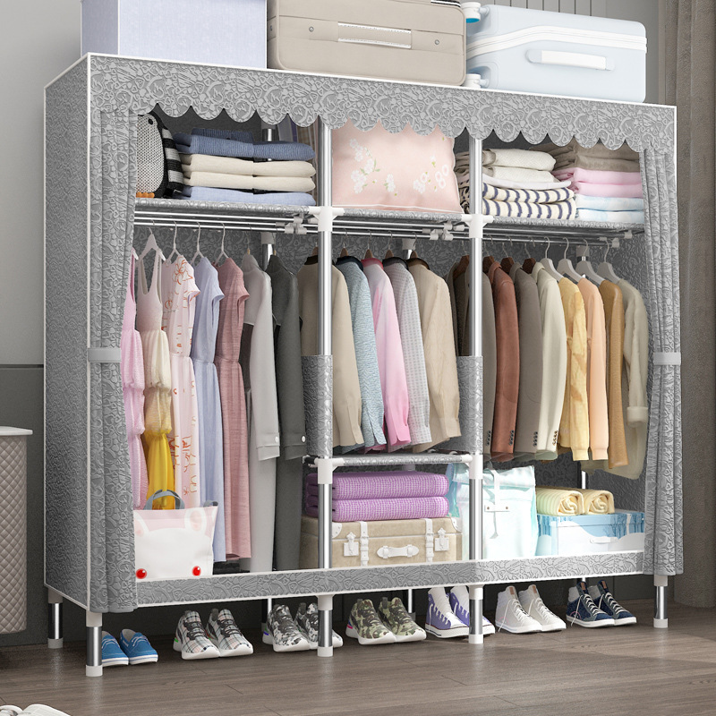 Full Steel Frame Wardrobe Thickened Household Simple Cloth Wardrobe Steel Pipe Thickened Reinforced Clothes Hanging Cloth Cabinet for Double Rental Room