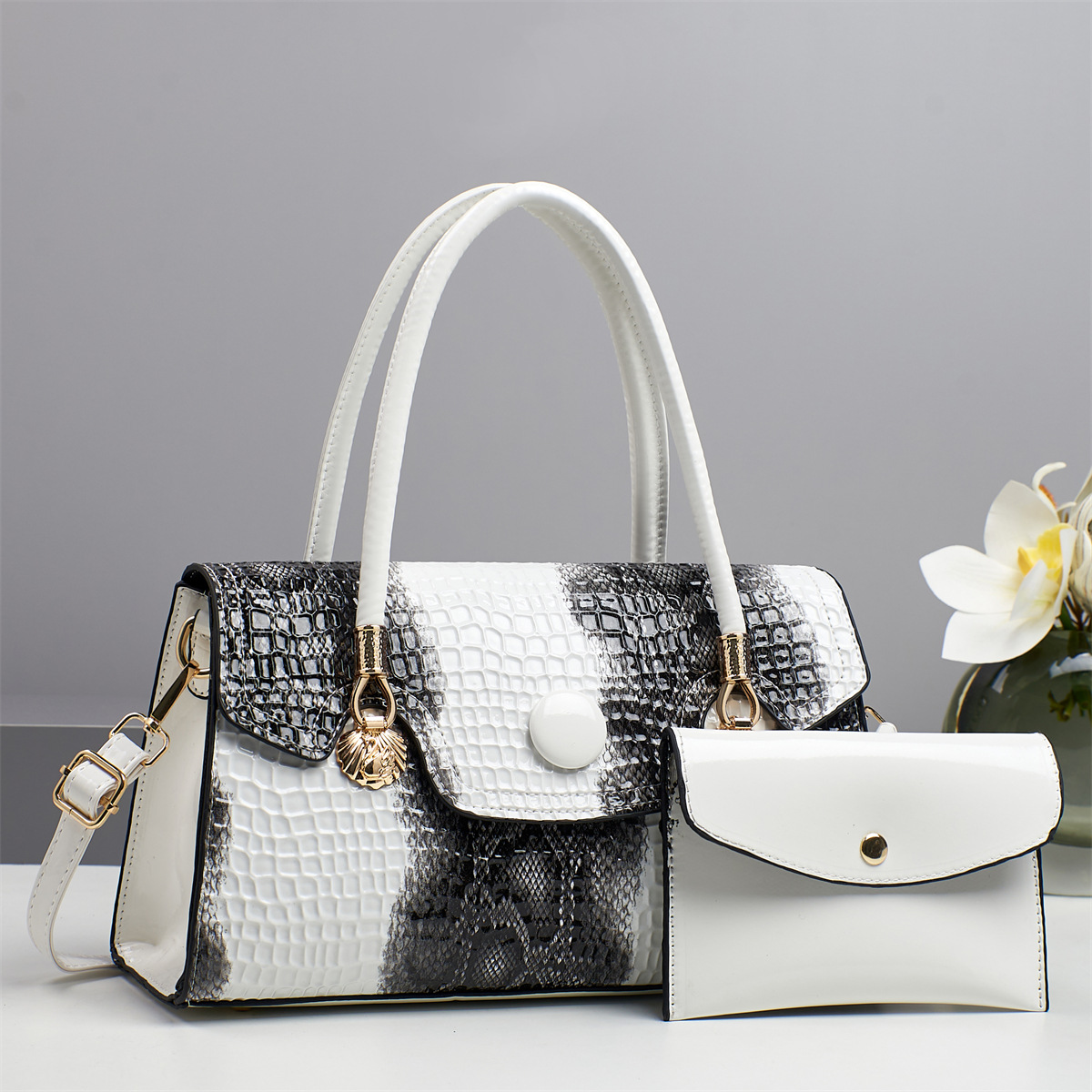 Retro schoudertas met krokodillenmotief, dames tas met gestructureerde flap_voghion.com