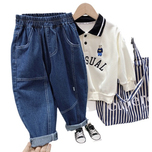 Children's clothing boys' denim trousers spring and autumn new style  children's pants medium and large children's fashionable loose pants trend
