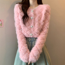 2025时尚外套上衣开衫纯色潮流名媛风百搭毛毛小香风针织短款毛衣