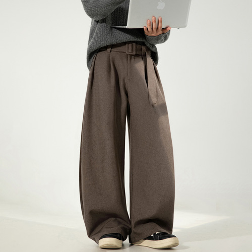 3D Pleated Drop Shoulder Straight Leg Men's Autumn Stylish Loose Straight Trousers Old Money Style Belt Casual Pants