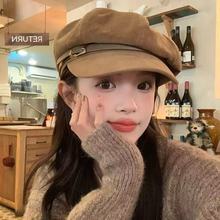 英伦风皮带扣平顶军帽女时尚文艺复古百搭大头围显脸小报童帽子