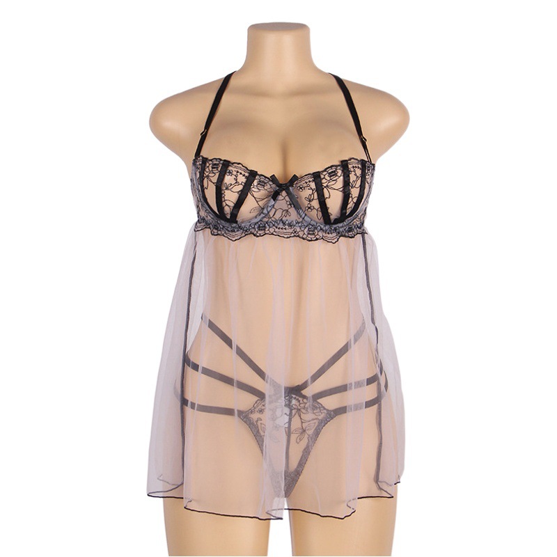 Europa y América más el tamaño de la ropa interior sexy de las mujeres sexy Correa push up camisón de malla de encaje transparente pijamas traje de comercio exterior