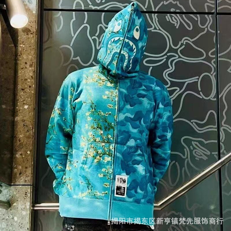 2025 Autumn and Winter American Couple Style Shark Japanese Style Trendy Brand Shark Mint Mambo Sunflower Pattern Hooded Sweatshirt