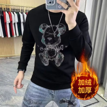 欧洲站纯棉秋冬季新款男士卫衣潮流修身个性小熊烫钻时尚加绒上衣