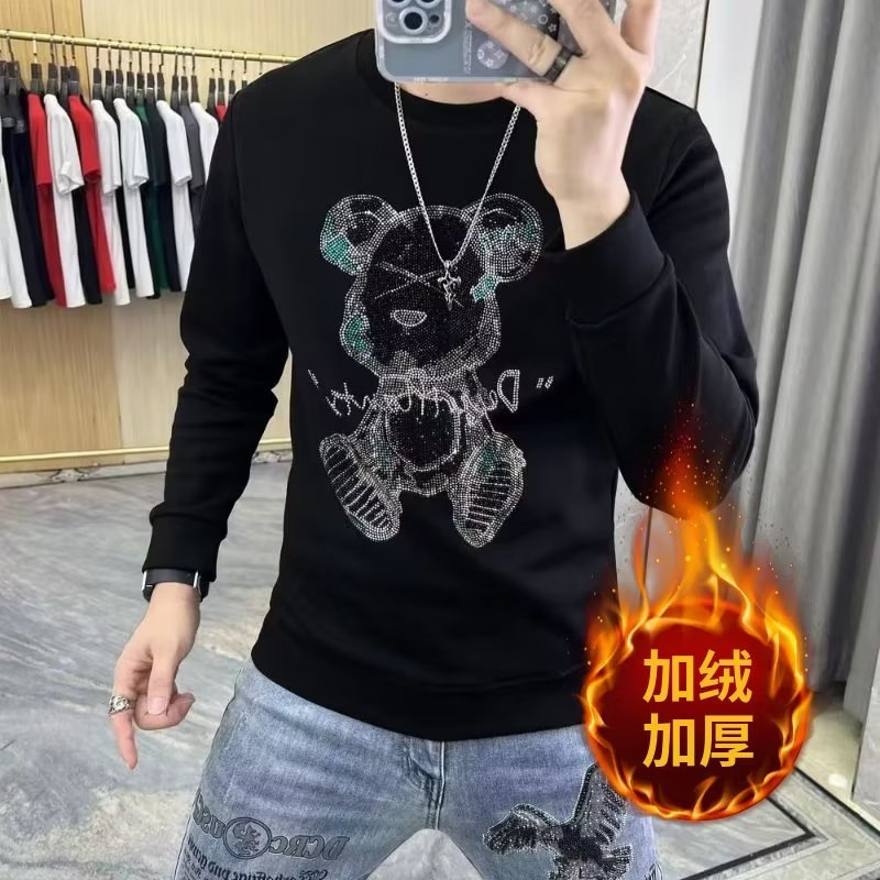 欧洲站纯棉秋冬季新款男士卫衣潮流修身个性小熊烫钻时尚加绒上衣