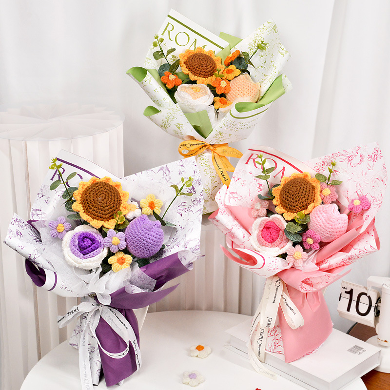 Comercio exterior transfronterizo amazonas ramo de flores de punto rosas girasoles flores de lana imitación decoración de vacaciones puestos