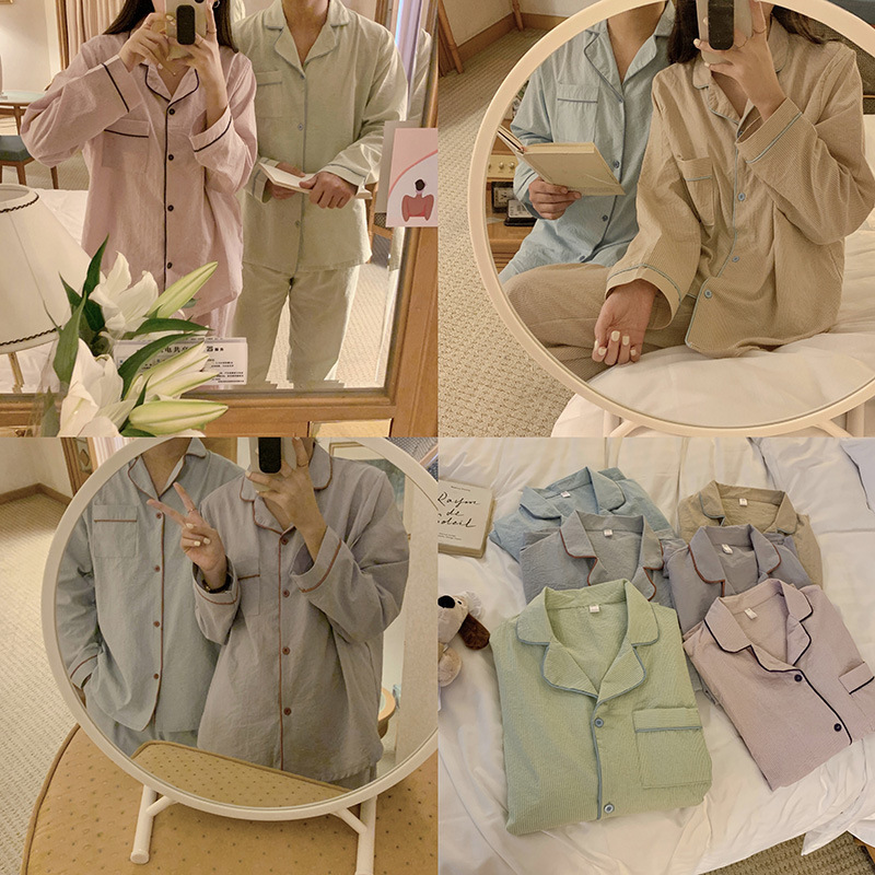 Real Shot#New Product#Couple Style#Women's Style# Striped simple small lapel long-sleeved pajamas home wear set