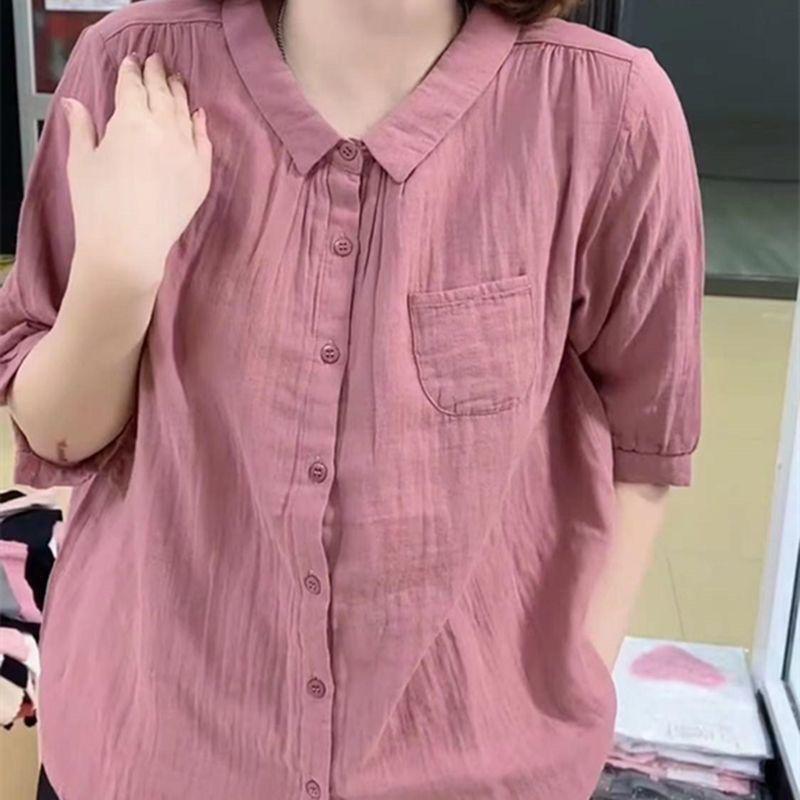 短袖纯色单排多扣显瘦棉麻衬衫设计感薄款衬衣上衣时尚百搭潮|undefined