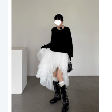 新款秋冬设计蓬蓬女半身裙纱多层感白色浪漫设计仙不对称白色