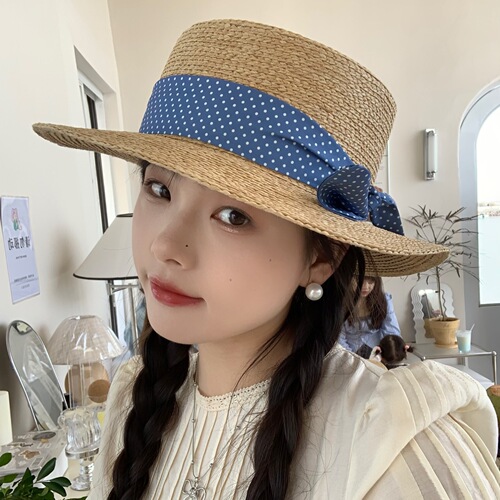 Hat women's new holiday style French bow flat-top straw hat sun protection hat
