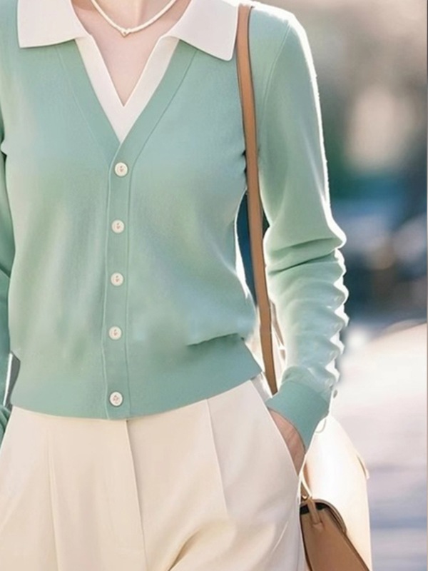 ミントグリーンpolo襟の中にシャツを着た女装2025年春の新型今年流行した偽の上着2枚|undefined