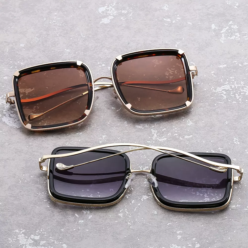 新款复古时尚方形大框太阳眼镜 ins个性金属弯曲镜腿户外街拍墨镜
