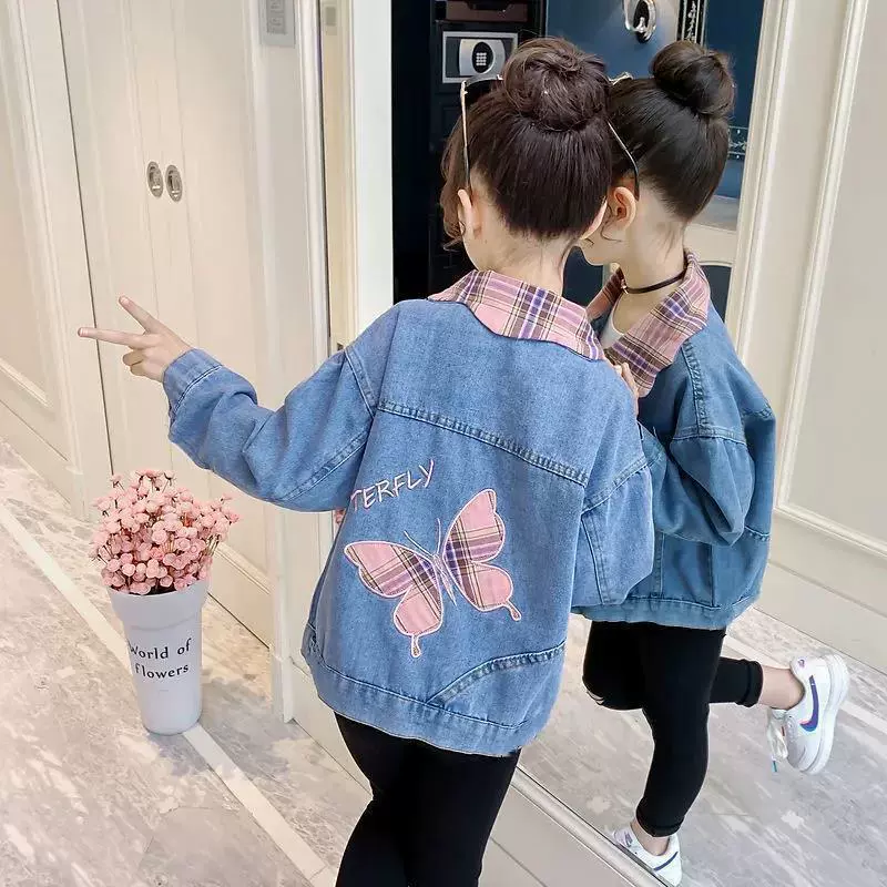 Джинсовое пальто для девочек, новинка 2022 года, стильный детский топ с бабочками, Интернет-знаменитости, весна и осень, детская модная детская одежда, модная