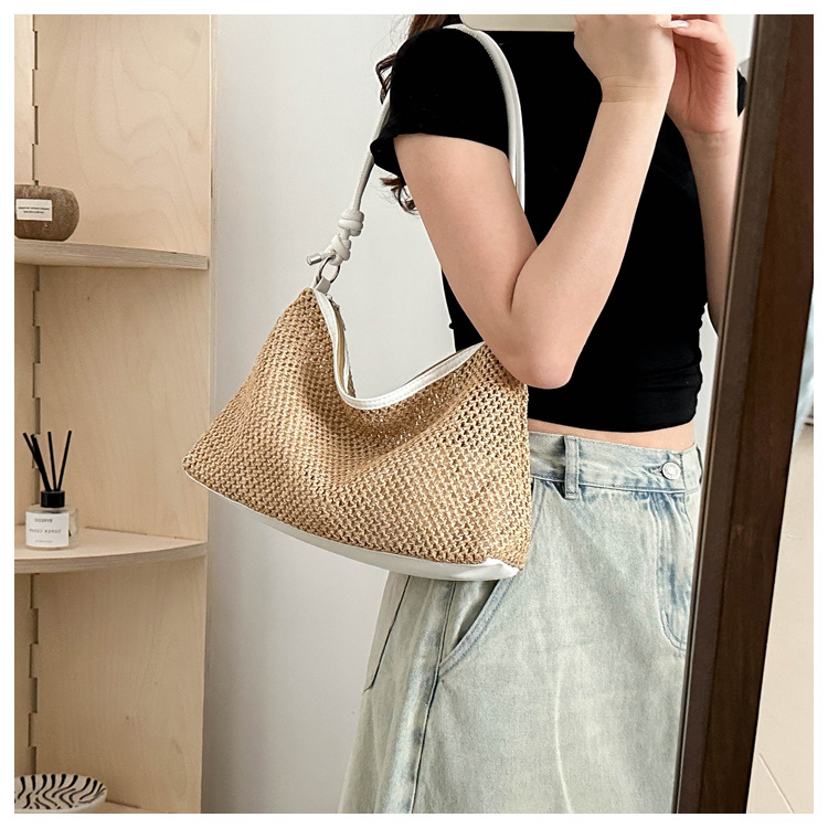 114g Weight Polyester Lining Material Weave Fashion Element Zipper Closure Type Single Shoulder Strap Strap Type Underarm Bag Bags Type Daily, Street, Shopping Occasion Straw Material New Year Festival Solid Color Pattern All Seasons Season Women's Gender Streetwear Style Square Shape Large Size Women's Large Straw Solid Color Streetwear Weave Square Zipper Underarm Bag 14