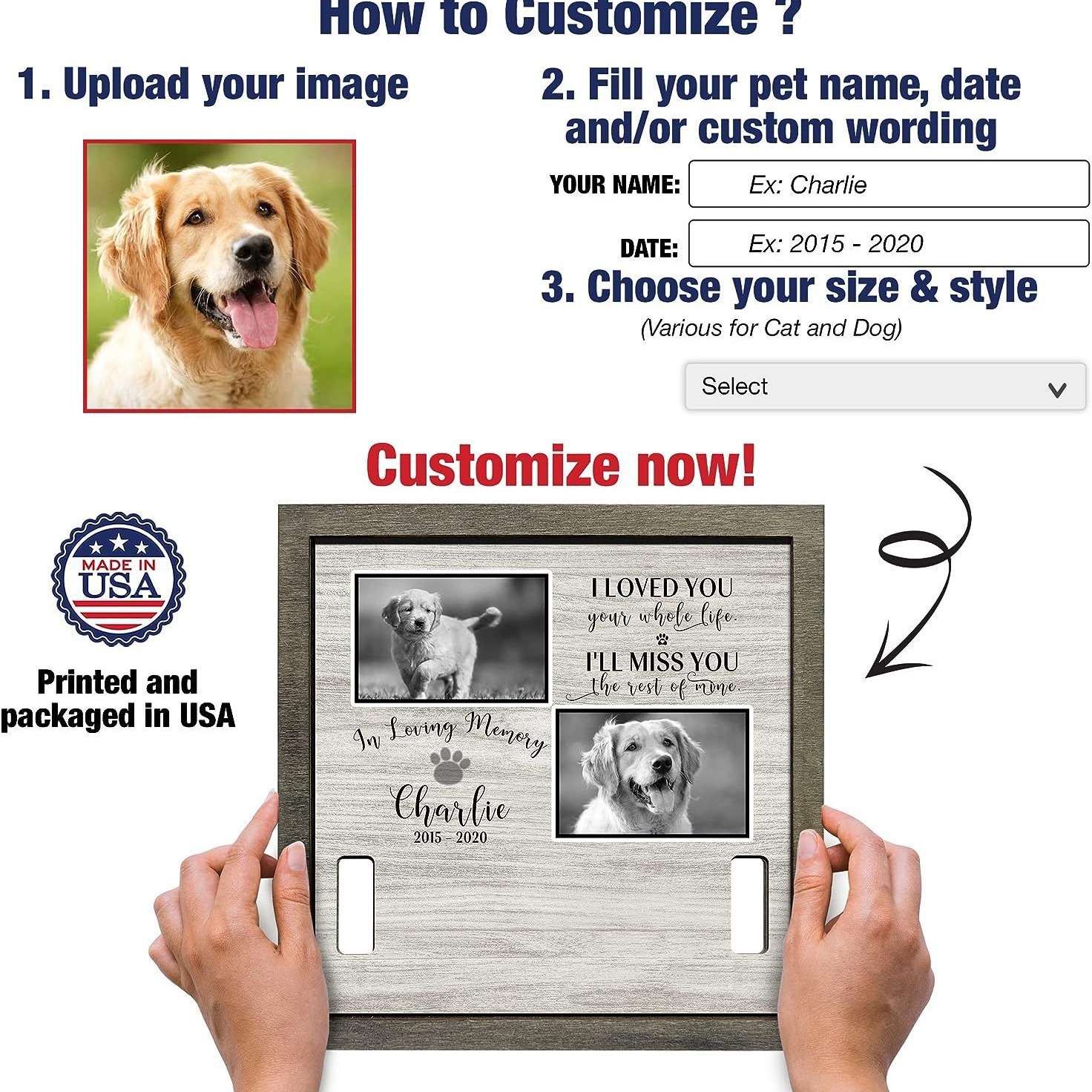 Pet Memorial marco de fotos de madera puede contener collar de perro Registro de crecimiento marco de fotos mascota regalo perdido Marco de Fotos decoración