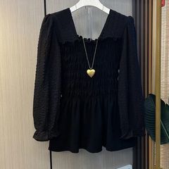早秋2025新款大码衬衫女士设计感小众拼接褶皱收腰泡泡袖韩风上衣
