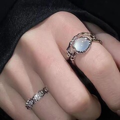 Two-Piece Moonstone Ring Set for Women - Personality Open Ring, Unconventional Design, Minimalist Band, Index Finger Ring, French Self-Discipline Finger Ring