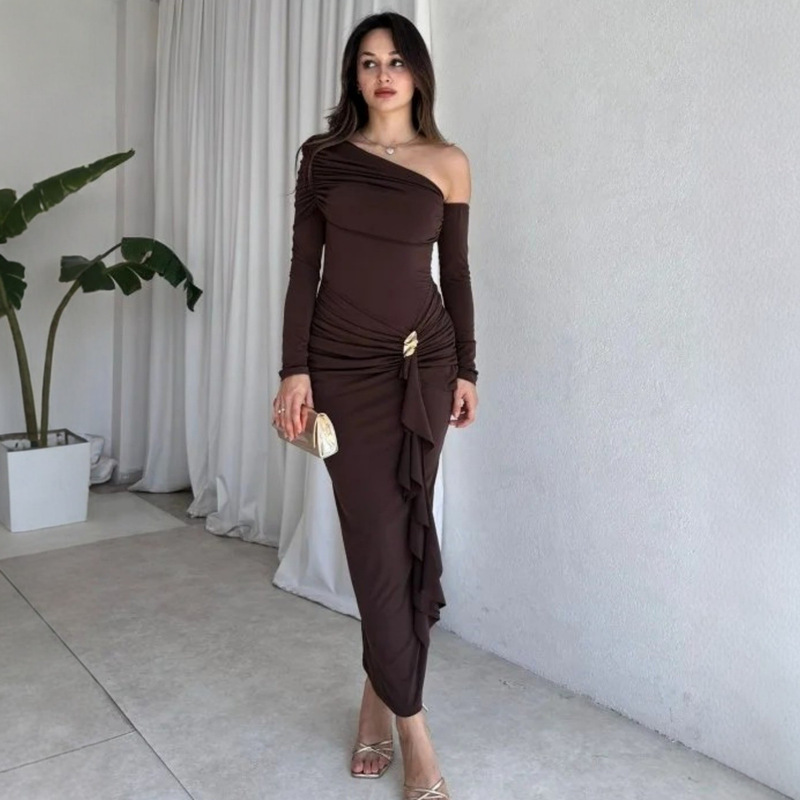 European and American Style Cross-Border Best-Selling Long Dress, Solid Color, Long Sleeves, Off-Shoulder, with Flowing Straps, Fashionable and Elegant Gown, Slim Fit, Sexy Dress European and American Style Cross-Border Best-Selling Long Dress, Solid Color, Long Sleeves, Off-Shoulder, with Flowing Straps, Fashionable and Elegant Gown, Slim Fit, Sexy Dress