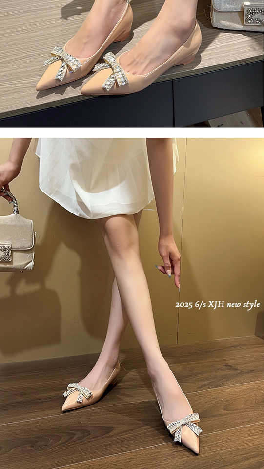 Giày cao gót nữ mũi nhọn gót xuồng đính đá nơ, đế độn cao bên trong 3 cm — Màu mơ, Màu trắng be, Màu đen chi tiết 10