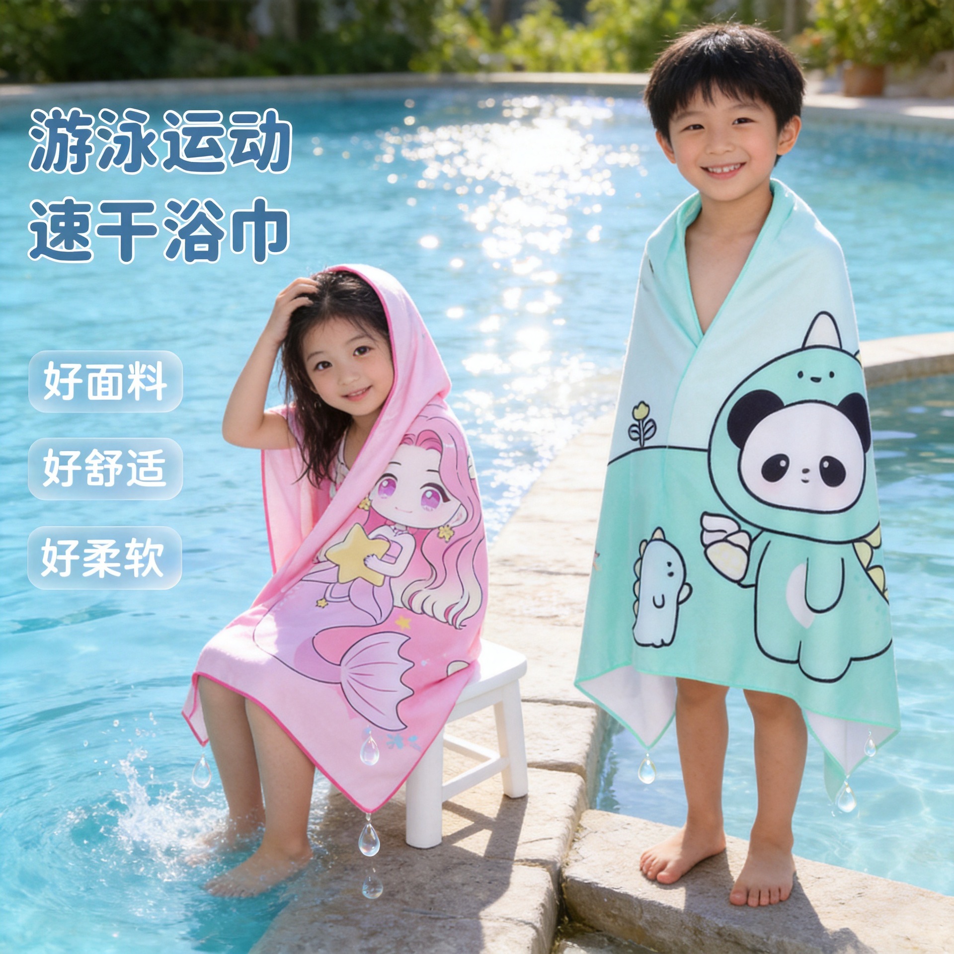 儿童斗篷游泳吸水速干便携带扣温泉洗澡浴袍数码印花运动毛巾浴巾