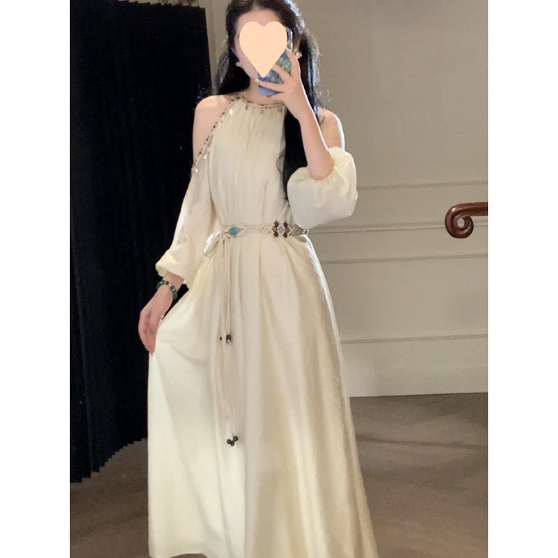 French high-end retro shell lace neck dress for women's bohemian vacation style fairy skirt