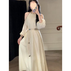 French high-end retro shell lace neck dress for women's bohemian vacation style fairy skirt