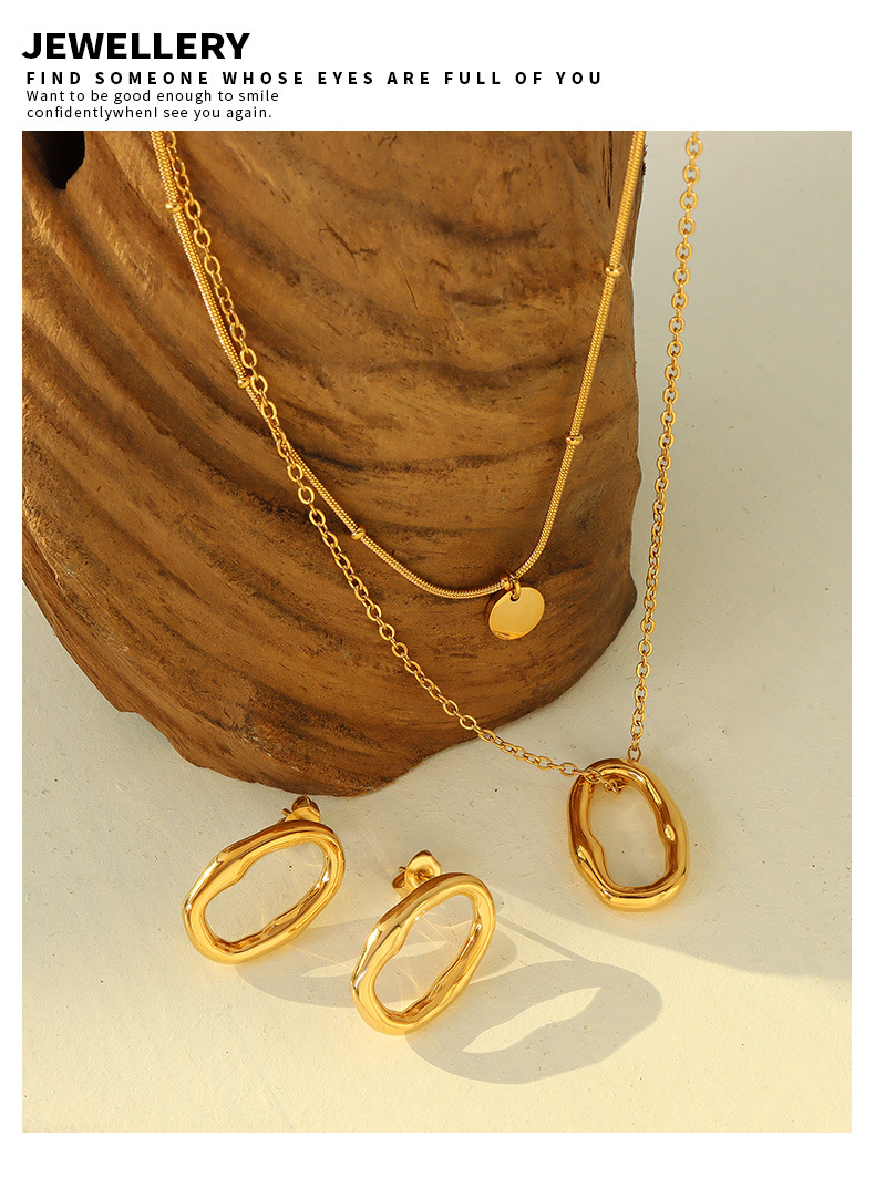 Titanium steel plated 18K gold geometric stacking double-layer necklace earrings jewelry