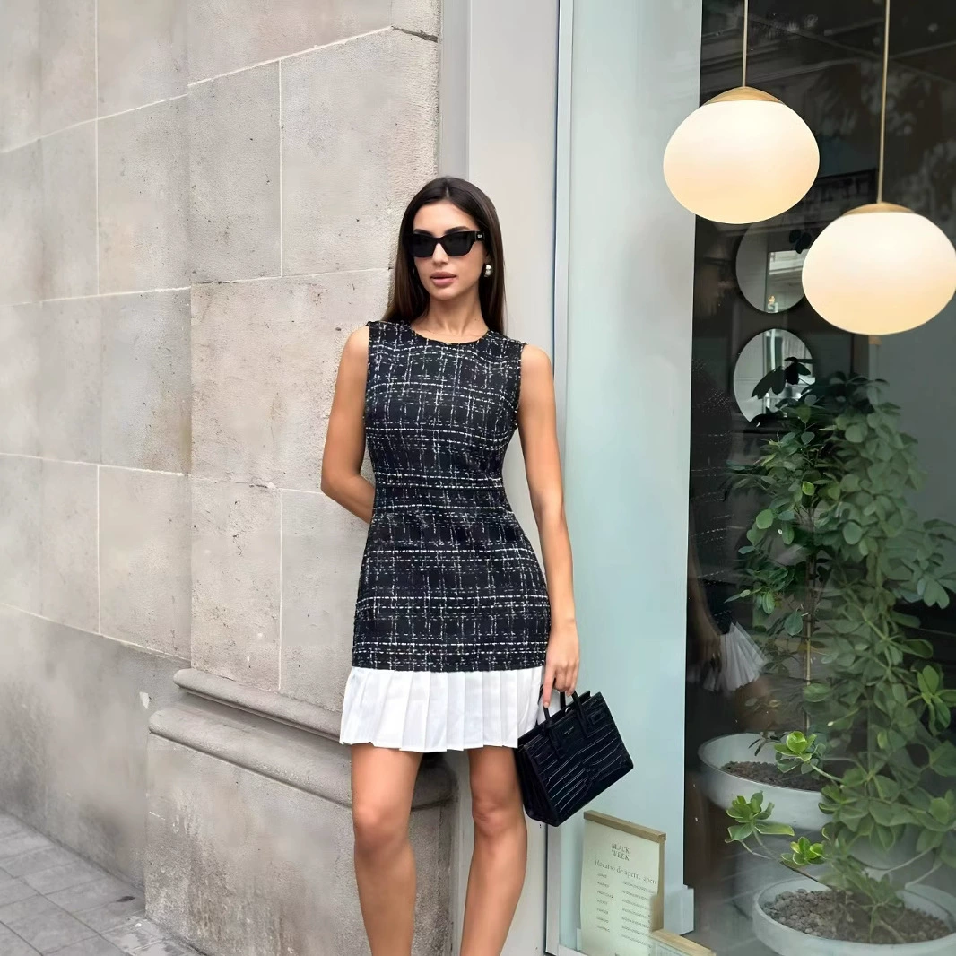 Новый 2025 весенний милый ветер свежий сладкий женский спандекс круглый вырез юбка-платье в форме буквы