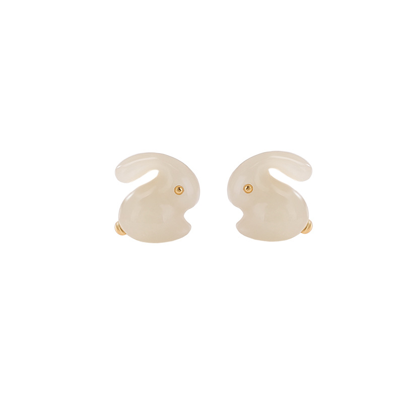 Bông tai khuyên tai thỏ dễ thương mạ vàng bạc Sterling S925 ngọc Hetian tự nhiên — một cặp