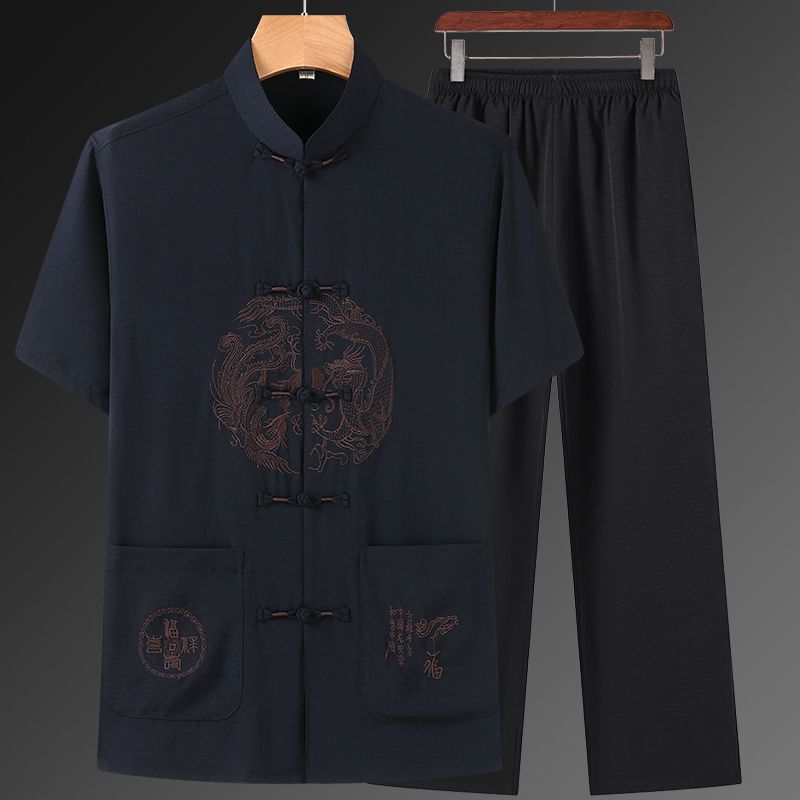 Dad's Tang Suit Chinese Style Summer Cotton and Linen Set for Middle-Aged and Elderly Men, Short-Sleeve Chinese-Style Embroidered Grandpa Hanfu Dad's Tang Suit Chinese Style Summer Cotton and Linen Set for Middle-Aged and Elderly Men, Short-Sleeve Chinese-Style Embroidered Grandpa Hanfu
