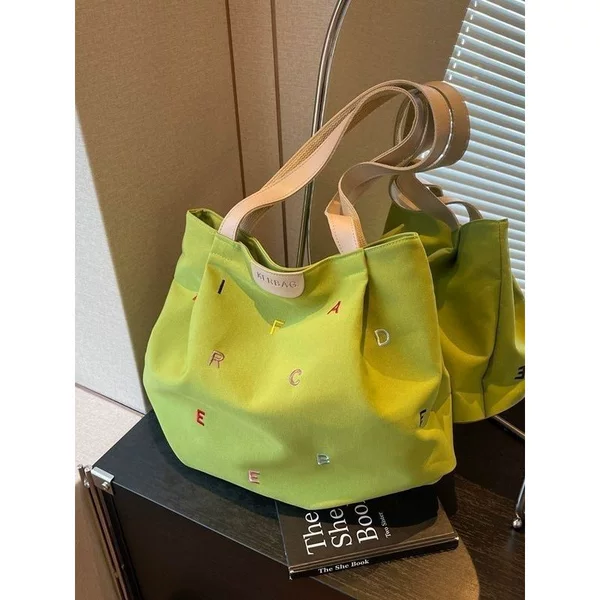Large-Capacity Canvas Bag for Women 2025 New Trendy Embroidered Letter Handbag Small Fresh Student Shoulder Tote Bag