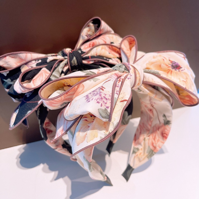 135g Weight Headwear Classification Business, Travel, Birthday Occasion Bow Knot Pattern Women'S Gender Retro Style Green, Yellow, Black Color Korean Printing Three-layer Bow Wide Headband Wholesale 6