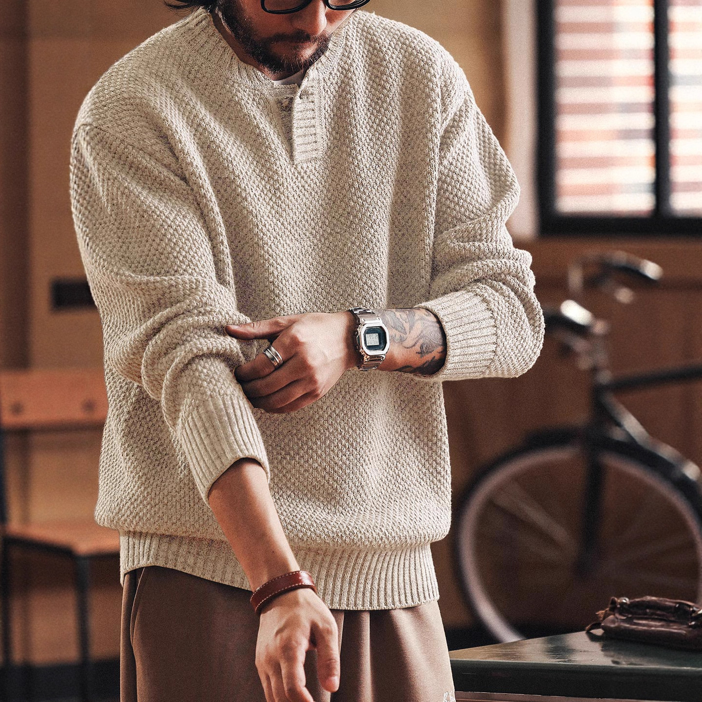 Heavy American-Style Henry Collar Thick Knit Sweater for Men, Autumn and Winter, Old Money Maple, Thickened and Warm, Tough Guy Knitwear