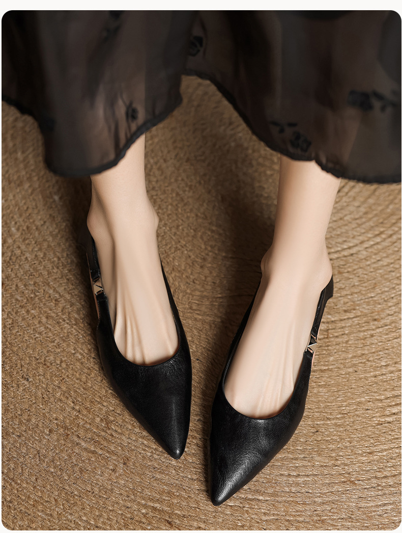 Sandal nữ da cừu mũi nhọn gót thấp hở mũi kiểu Hàn Quốc — đen chi tiết 14