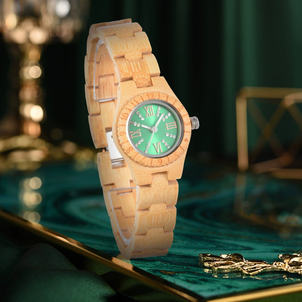 Crystal Polish Dial Women Slim Watch Wood Clock Casual Adjustable Quartz Fashion Wooden Bracelet Watch Women's Wrist Reloj Mujer