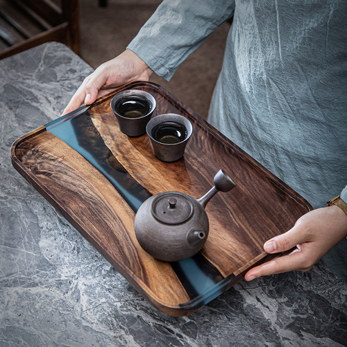 Cross-border black walnut resin tea tray wooden rectangular tray household fruit tray solid wood small tea table wooden tray