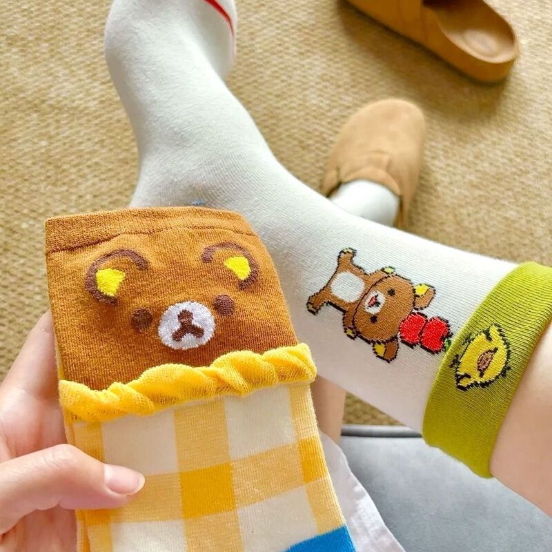Korean Dongdaemun Cartoon Socks for Women, Mid-Calf Length, Spring and Autumn, Butter Bear, Cute, Unique, Cartoon, Versatile, Creative Mid-Calf Socks
