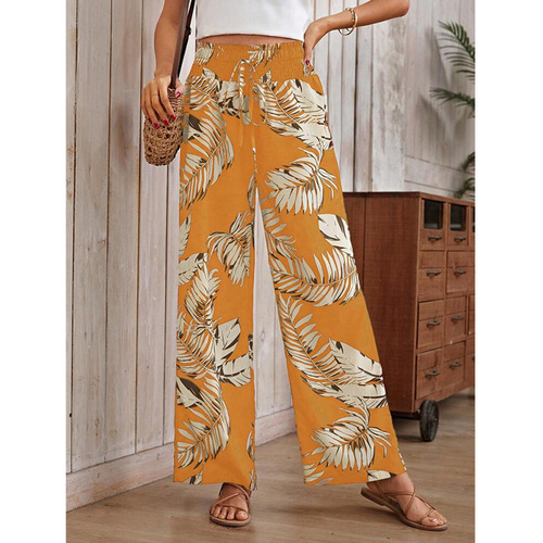 Women's Summer Casual Loosely Tied Rope High-Waist Digital Print Pants