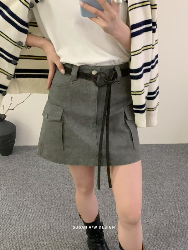 苏珊 韩版双口袋工装a字短裙女2025早秋高腰遮胯显瘦半身裙25075|undefined
