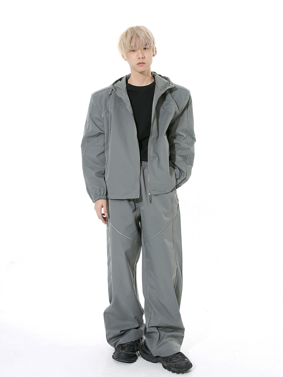 Mtlclothes ropa de Hombre | 2024 primavera nuevo nicho diseño línea brillante reflectante chaqueta con capucha traje moda