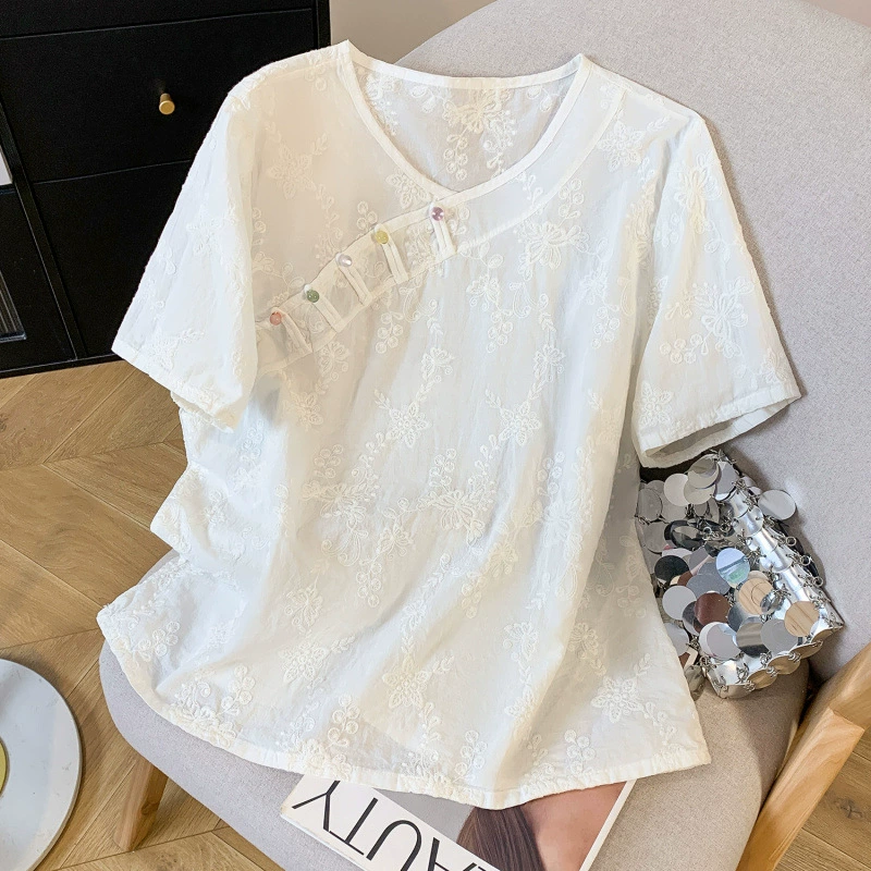 2025 лето новый ретро сплошной цвет литературной планки свободная повседневная вышивка с короткими рукавами и круглым вырезом чайная рубашка