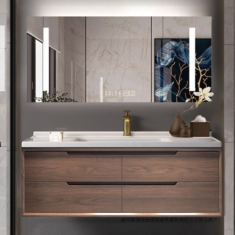 Light Luxury Chinese-Style Bathroom Cabinet with Red Oak Integrated Washbasin, Seamless Ceramic Bathroom Washbasin Cabinet