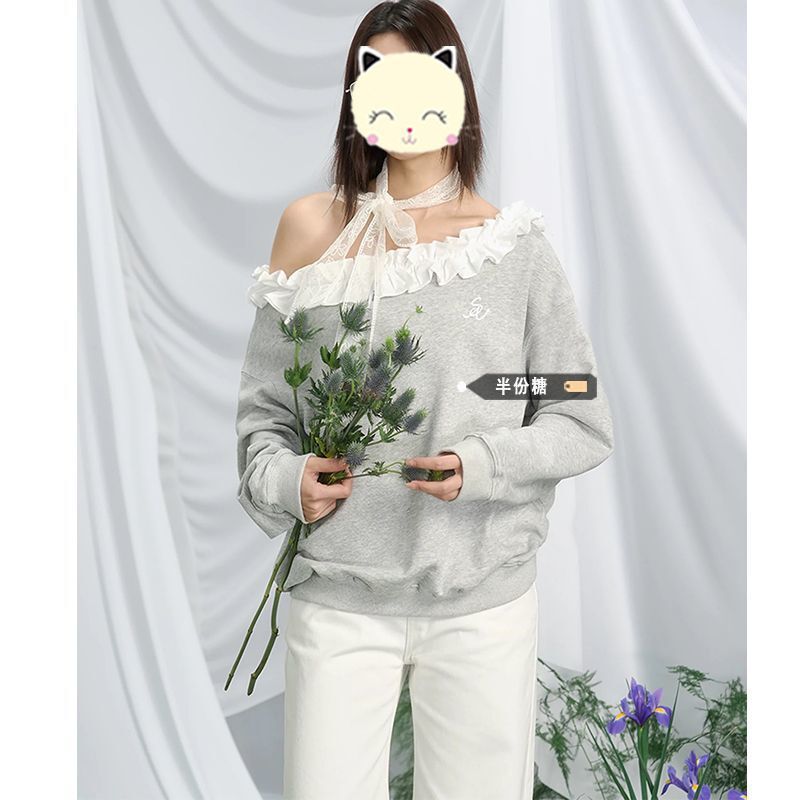 Ins Lace Slant Collar Loose Niche American Retro Work Clothing Sweatshirt Women's Waist Slimming Look Spring Long-Sleeved Top Trendy